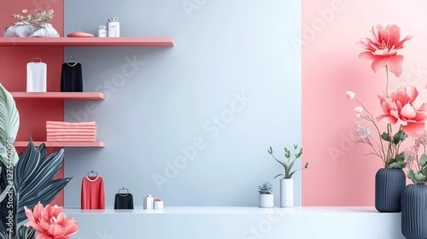 Fototapeta This trendy retail display showcases a soft color palette with decorative elements, creating a harmonious and inviting atmosphere that enhances the shopping experience for customers.