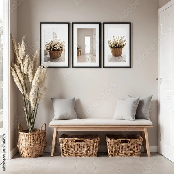 Fototapeta Cozy Entryway with Wicker Baskets and Pampas Grass