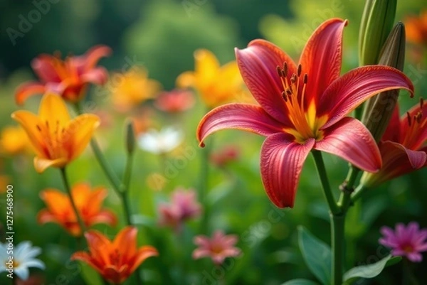 Fototapeta Red lily flowers bloom amidst a tapestry of colorful summer blooms, blooms, greenery