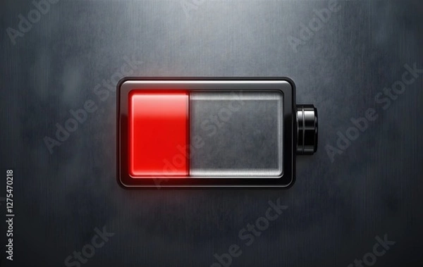 Fototapeta Battery icon with low power warning in red, Low Battery Warning Icon in Red – Urgent Power Alert
