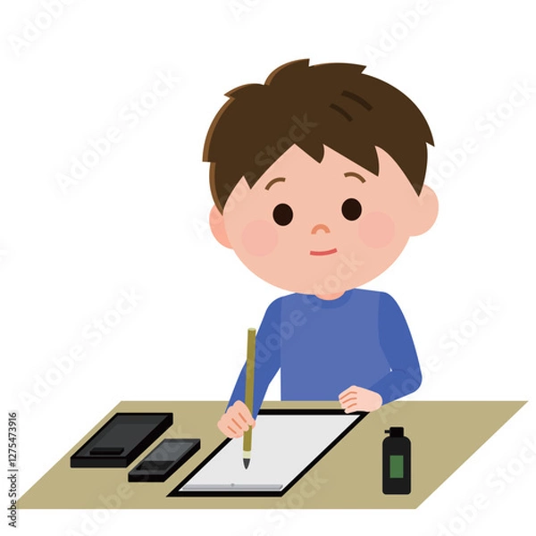 Fototapeta 習字をする男の子　イラスト