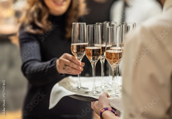 Fototapeta Young waiter holding a tray with champagne or prosecco at a wedding or gala event and offering guests a welcome drink