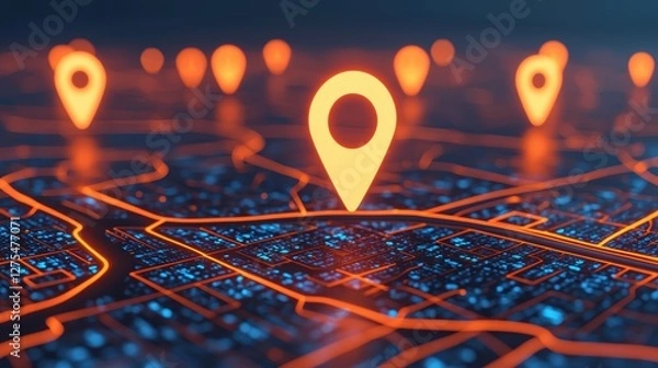 Fototapeta A digital map scene with glowing orange location markers, showcasing a network of streets and highlighting points of interest.