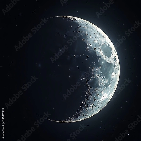 Fototapeta Astrophotography of the crescent Moon, showing delicate curvature, illuminated peaks, and the soft glow of Earthshine on the dark side