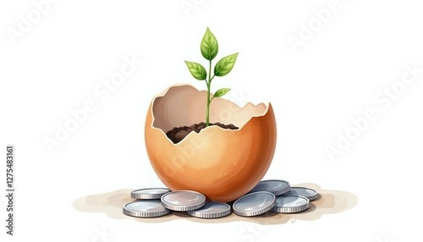 Obraz Watercolor illustration of seedling emerging from eggshell with silver coins - early investment