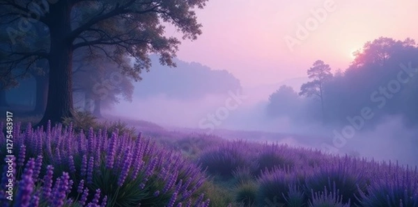 Obraz Misty morning fog envelops a lavender-hued forest glade, forest, fog