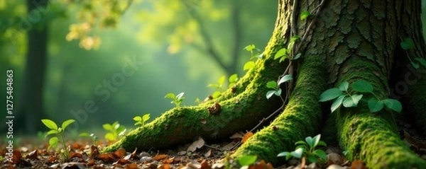 Fototapeta Oak tree trunk and branches tangled with vines and moss, moss, earthy