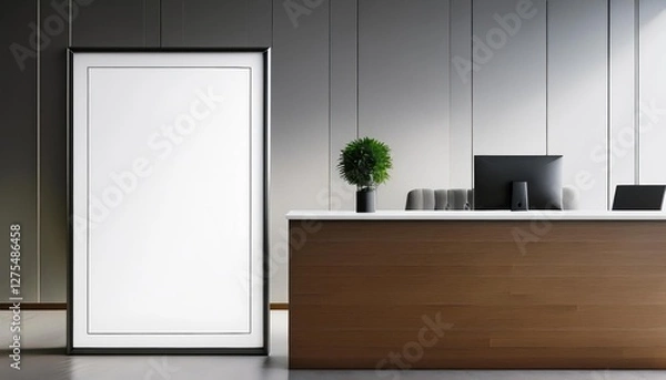 Fototapeta Minimalist White Office Reception Design Empty Framed Branding Against a Vertical Mockup Backdrop, Incorporating Modern Sleekness and Openness in an Urban Workspace Setting