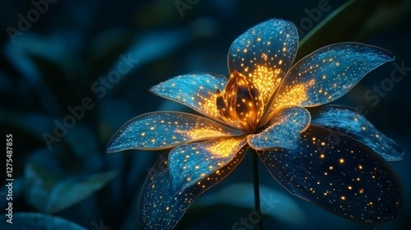 Fototapeta Close-Up of a Luminous Flower with Glowing Petals Surrounded by Dark Foliage at Twilight