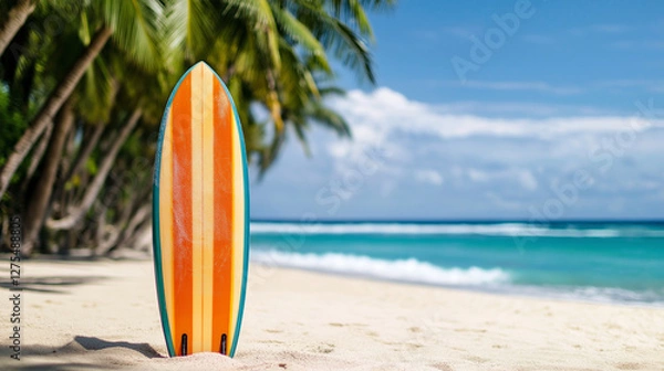 Fototapeta A brightly painted surfboard standing upright in the sand, surrounded by tropical palm trees, with turquoise waves breaking against the shoreline in the distance.