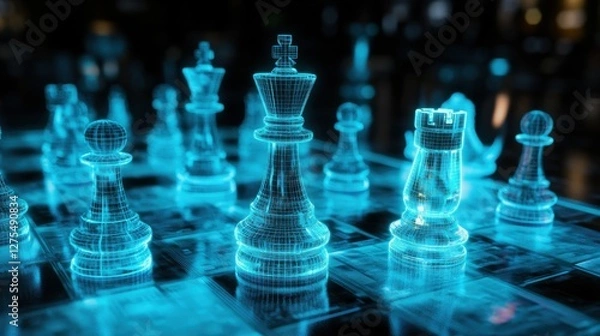 Obraz Futuristic Chessboard with Neon Blue 3D Digital Chess Pieces
