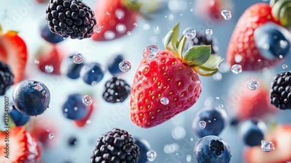 Fototapeta Dynamic Swirl of Floating Berries with Water Droplets