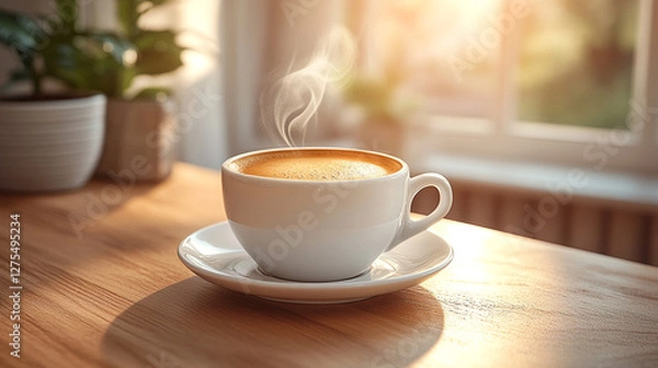 Fototapeta Hot espresso with rich crema served in a white cup on a wooden table.