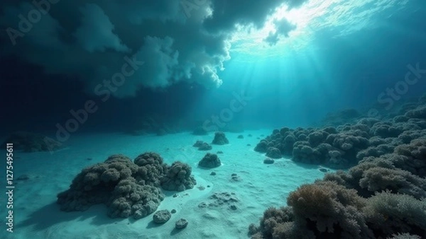 Obraz Underwater coral reef with bleached corals under dramatic sunlight rays	