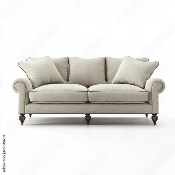 Obraz Classic roll-arm sofa with soft linen upholstery isolated on white