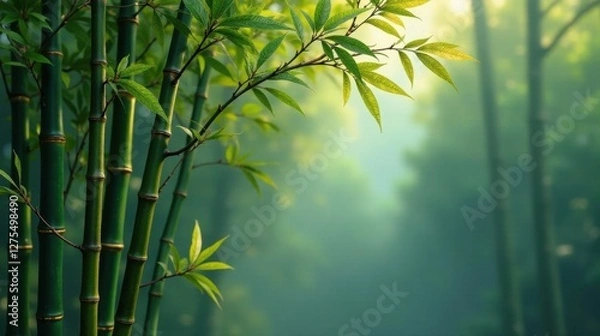Fototapeta Serene Bamboo Grove Lush Green Stalks and Vibrant Foliage in Soft Morning Light