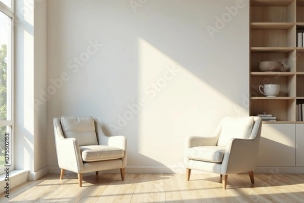 Fototapeta Serene Minimalist Living Room with Two Armchairs and Sunlight Streaming Through Window
