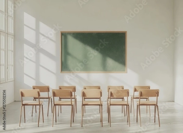 Fototapeta Bright white school classroom featuring neatly arranged wooden desks and chairs for an inviting learning environment.