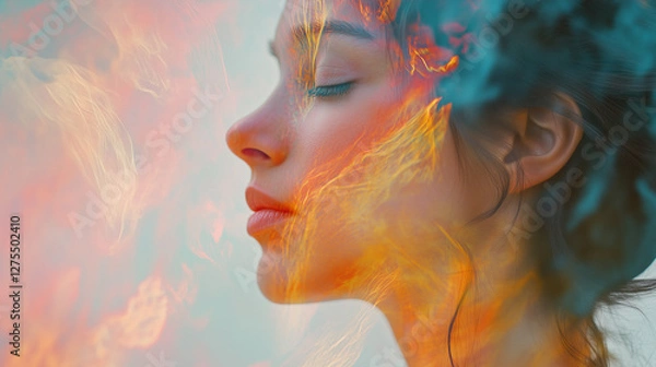 Fototapeta A portrait with a digital overlay of a calm, abstract pattern, suggesting inner peace