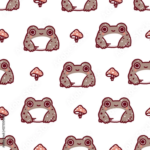 Fototapeta Seamless vector pattern with frogs in a Scandinavian cute style. Frogs with doodle mushrooms.