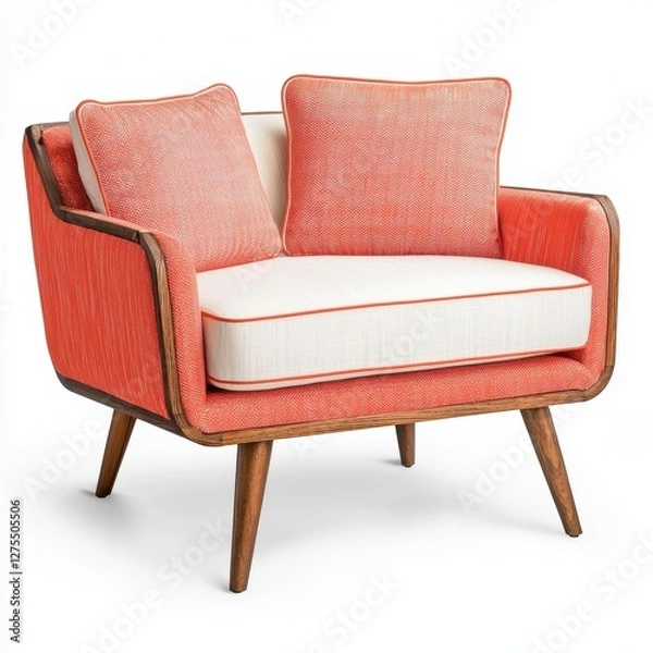 Fototapeta Fluorescent coral mid-century modern loveseat with elegant stitching isolated on white