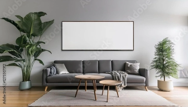 Fototapeta Stylish Modern Living Room Showcasing a Sleek Mockup Frame in a Minimalistic Setting, Radiating Elegance and Sophistication with Neutral Tones and Textured Surfaces