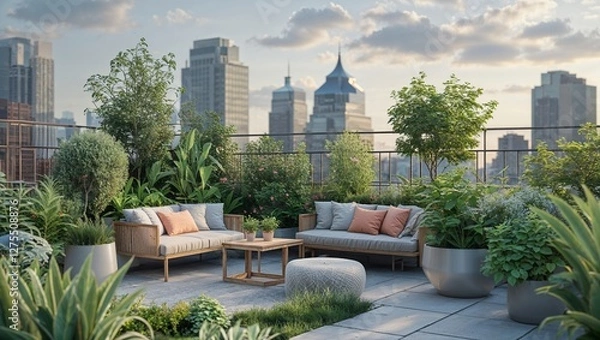 Fototapeta Relaxation Green Zone on Rooftop in a City with Skyscrapers