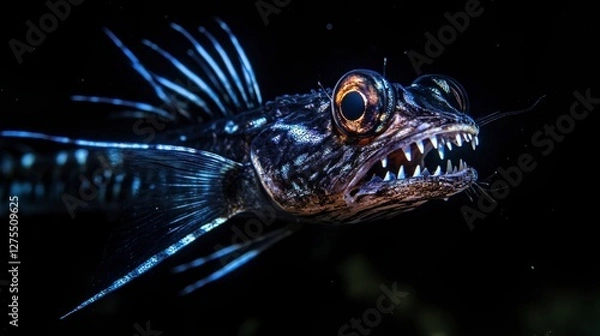 Fototapeta A dragonfish with sharp, illuminated teeth stalking prey in the inky blackness