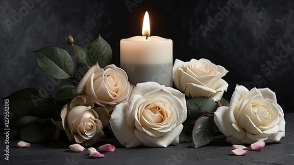 Obraz "White Candle with Roses and Flower Petals: Funeral Memorial, Sympathy, and Condolence Card for Death Notice"