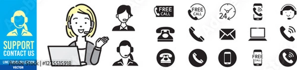 Fototapeta コールセンターの女性とフリーダイヤル アイコン