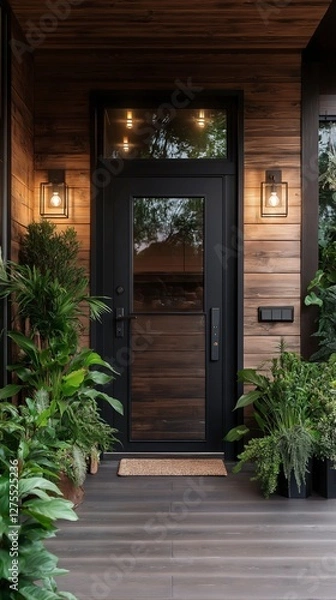 Fototapeta Welcoming entrance of a modern home adorned with lush greenery and warm light fixtures in the evening glow. Generative AI