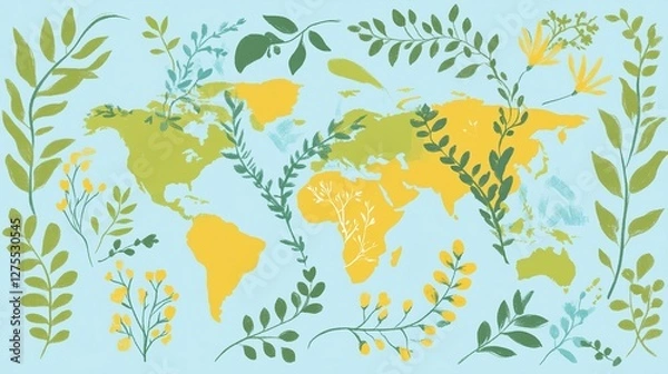 Fototapeta Global flora map, plant growth, illustration, design, background, pastel, environment, spring