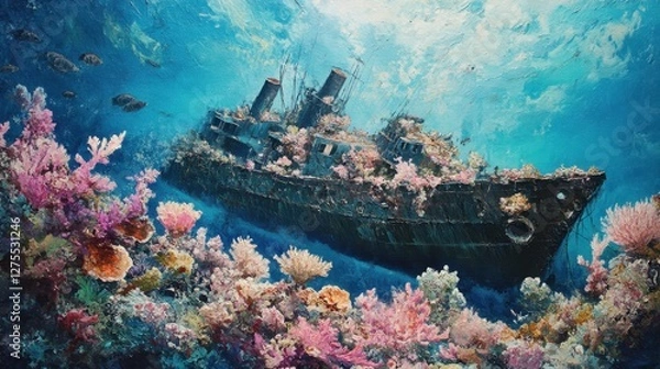 Fototapeta Coral reefs thrive over a sunken ship, a vivid underwater scene celebrating life amidst ruins