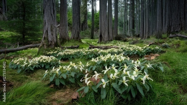 Fototapeta White and green wildflowers blooming in a lush forest clearing surrounded by tall trees and dense foliage creating a serene natural landscape