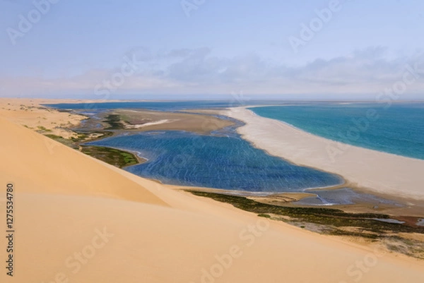Obraz A mesmerizing view of where desert dunes embrace the ocean, with rich blue lagoons and golden sandbanks shaping the Namibian coastline.