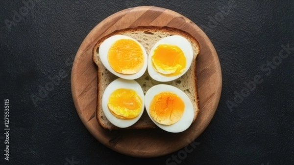 Fototapeta Hardboiled eggs with bright yellow yolks arranged on toasted bread slice atop a round wooden board set against a dark background