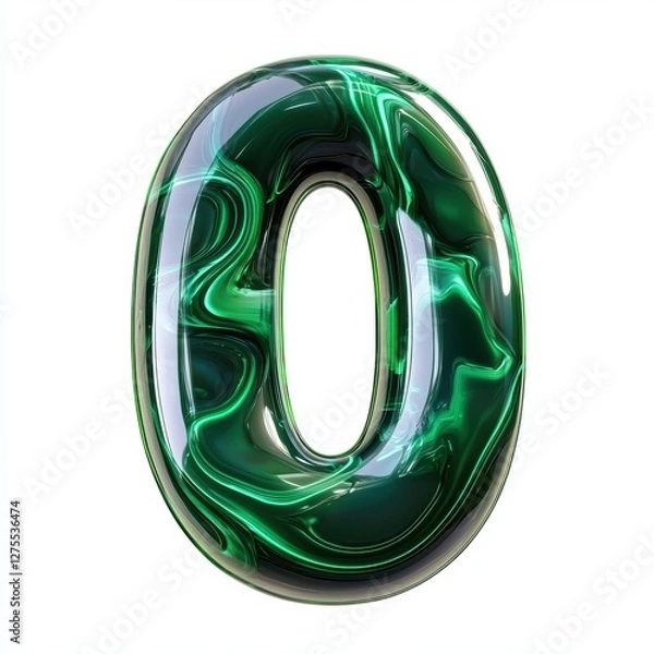 Fototapeta Number 0 made of polished jade with deep green swirls and glowing highlights isolated on a clean white background