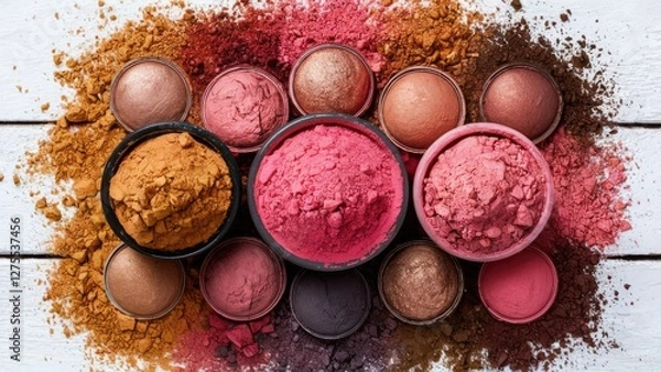 Fototapeta Colorful arrangement of various makeup powders and bronzers in round containers on a white wooden background, featuring shades of pink, brown, and gold.