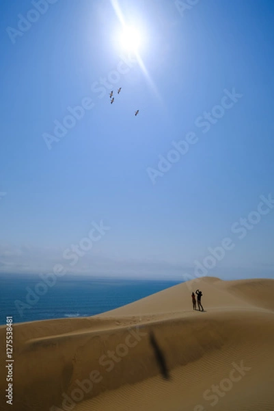 Obraz Two explorers stand atop the dunes, gazing at the endless horizon as flamingos soar under the radiant sun in Sandwich Harbour's breathtaking wilderness.