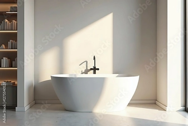 Fototapeta Freestanding bathtub in a minimalist bathroom, showcasing clean contemporary design and serene simplicity.