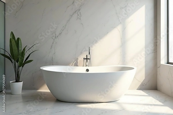 Fototapeta Freestanding bathtub in a minimalist bathroom, showcasing clean contemporary design and serene simplicity.