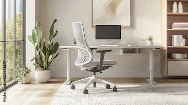 Fototapeta The chair should be positioned at the desk, facing the computer screen, with comfortable space for the arms to rest. 