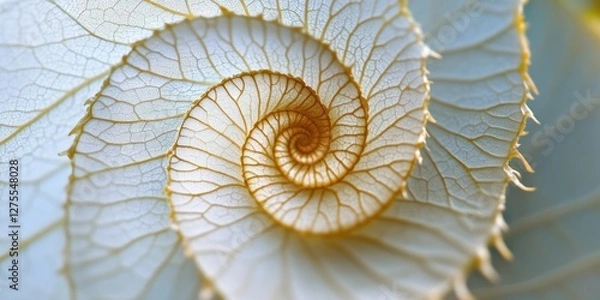 Obraz Intricate close-up of a spiraling leaf texture in soft cream and golden tones, set against a gently blurred teal background, showcasing natural elegance.