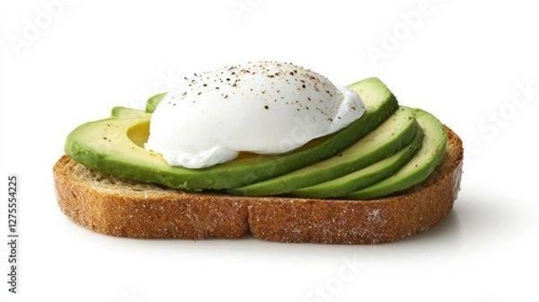 Fototapeta Delicious avocado toast with a poached egg on top, isolated on a white background for minimalist breakfast styling
