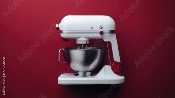 Fototapeta Modern food mixer with detachable beaters, clean and stylish on a deep maroon background, top view.