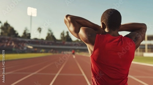 Fototapeta A college athlete performing a shoulder stretch on the sidelines during a track meet. Featuring focus and preparation