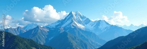 Fototapeta Serene blue sky above towering mountain range, hill, mountain, nature