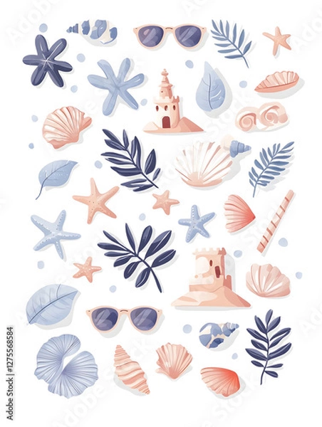 Fototapeta Vibrant beach scene with seashells and sunglasses coastal paradise illustration relaxing ambiance aesthetic view