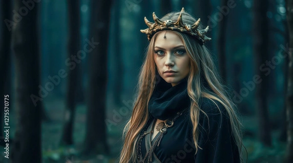 Fototapeta In a dense, dark forest stands a shaman dressed in black robes. Her head is adorned with an ominous crown of bones.