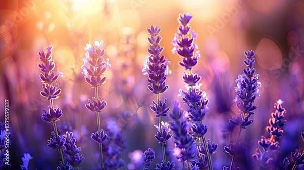 Fototapeta Soft focus lavender flowers in a vibrant sunset glow, bathed in golden light, with shades of purple hues creating a serene garden atmosphere.
